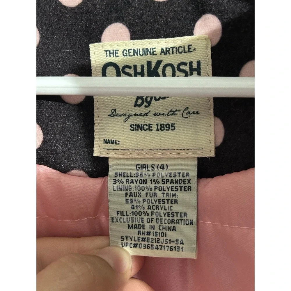 OshKosh 4T GIRLS‎ Brown Pink Pea Coat Polka Dot Winter Jacket Hood Faux Fur
